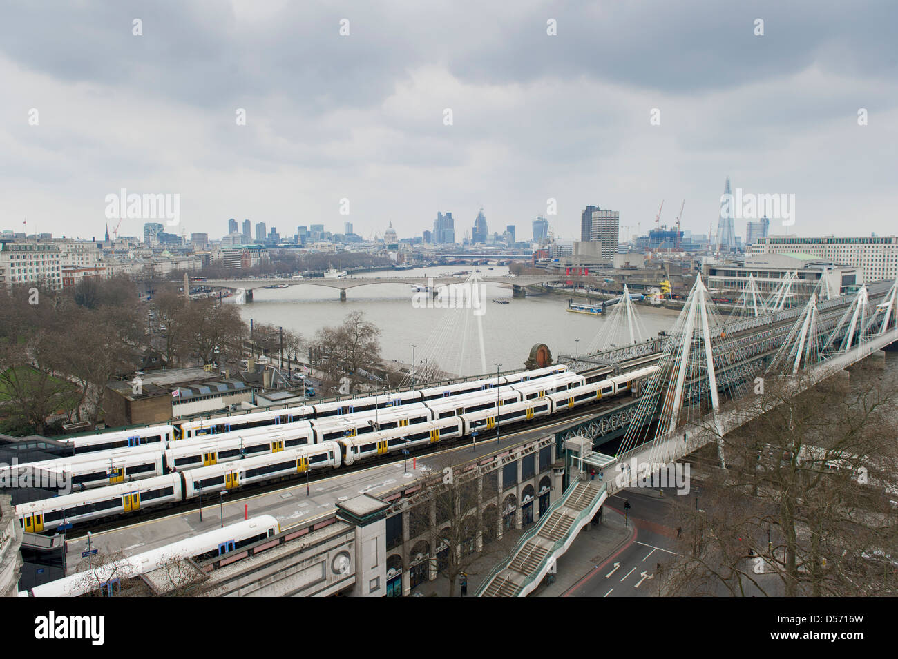 View across Charing Cross station, looking towards the City and across the River Thames. Stock Photo