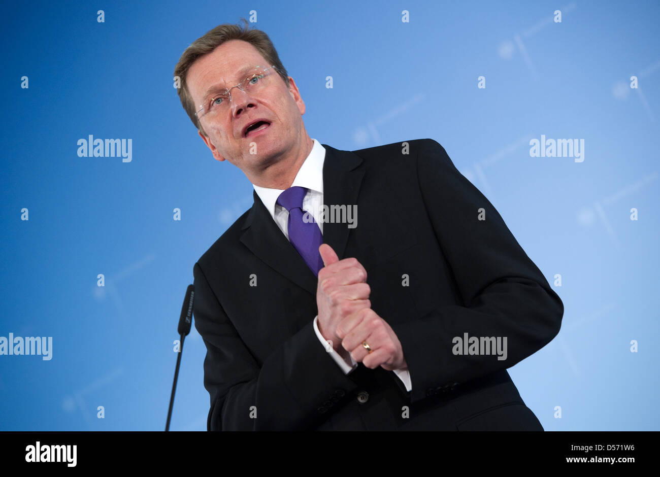 German Foreign Minister Guido Westerwelle gives a press conference in the Foreign Office in Berlin, Germany, 07 April 2010. Westerwelle gave a statement on the new nuclear strategy of the USA and on the signing of the START contract to restrict the strategic armament between Russia and the US on 07 April 2010 in Prague, Czech Republic. Photo: ARNO BURGI Stock Photo