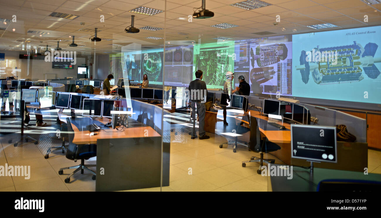 General view of the ATLAS particle detector control room. CERN, the European Organization for Nuclear Research, is the biggest p Stock Photo