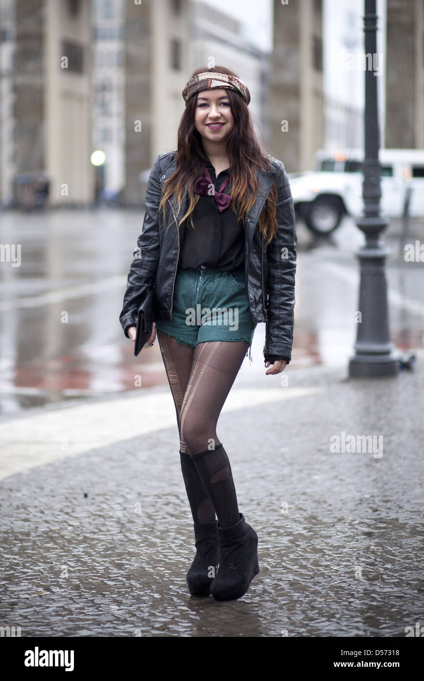 Laura B. posing for a street style photo at Pariser Platz square during Mercedes-Benz Fashion Week Berlin Autumn/Winter 2012. Stock Photo