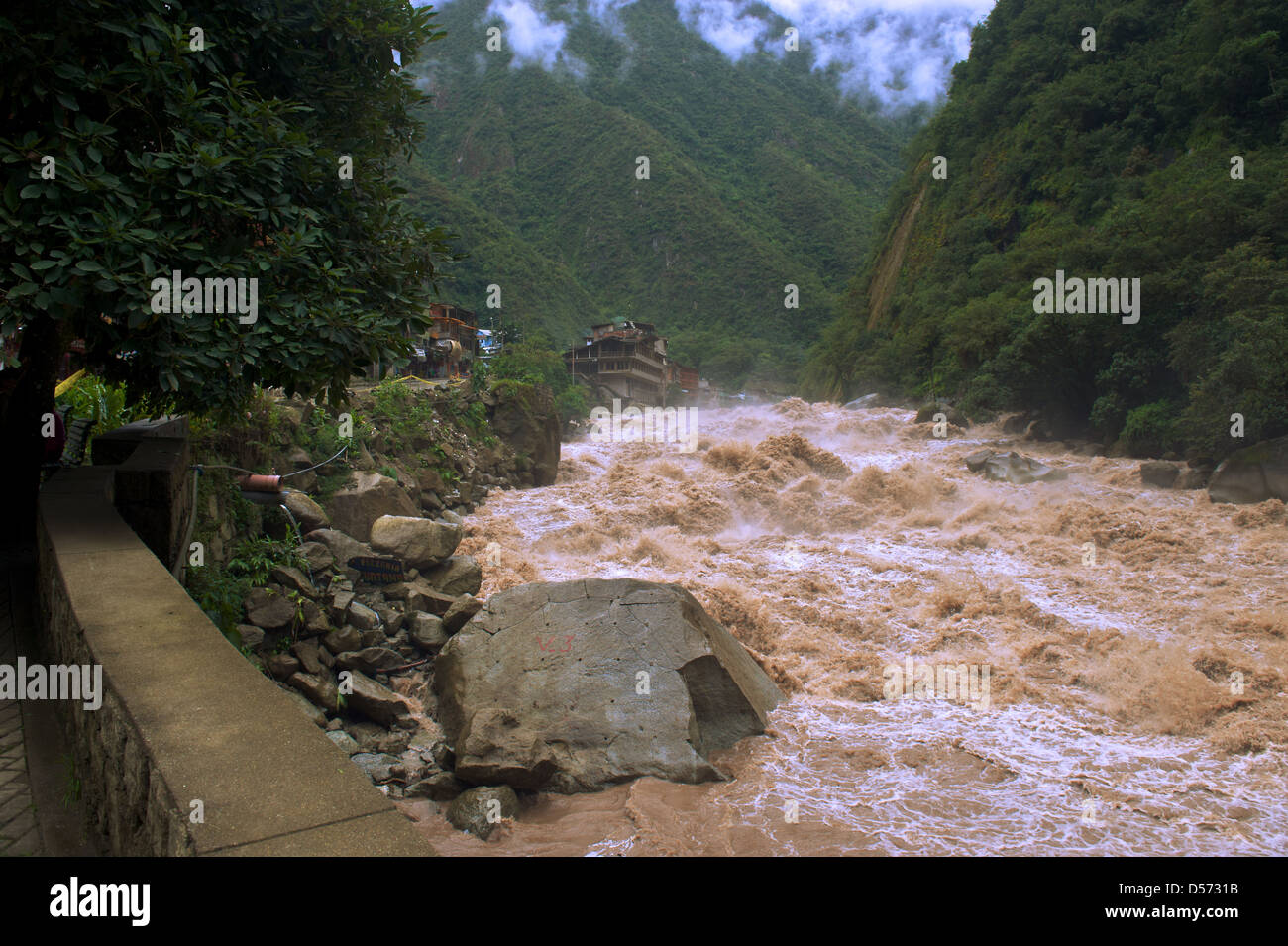 The raging torrents of the Urubamba river in full flood near Aquas Calientes, Peru. This is the access point to Machu Picchu site Stock Photo