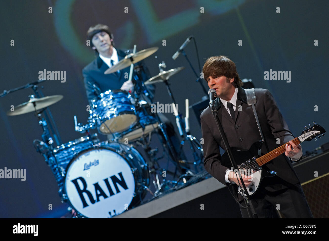 Musicians of the Beatles coverband ''Rain'' Joe Bologna as Ringo Starr (L) and Steve Landes as