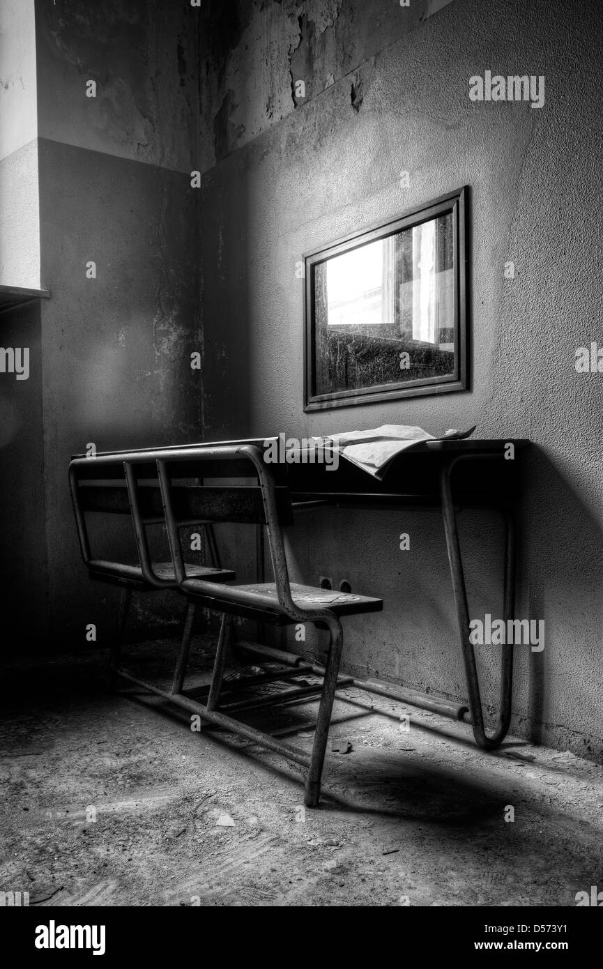 Abandoned mental hospital. Hidden observation post Stock Photo