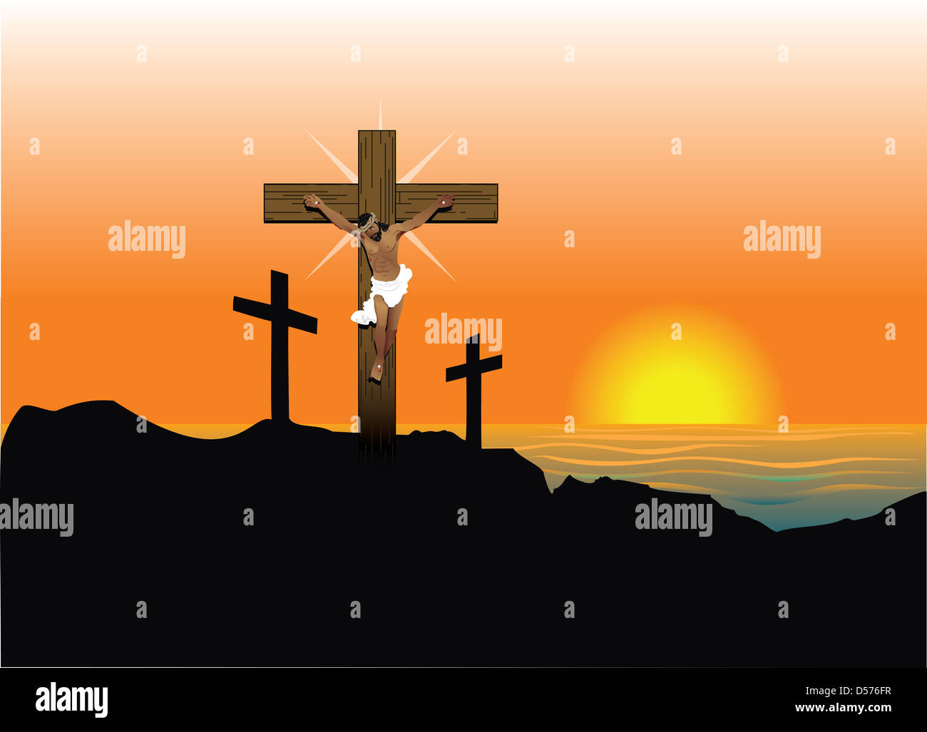 Illustration of Jesus Christ on cross. Easter Resurrection. Stock Photo