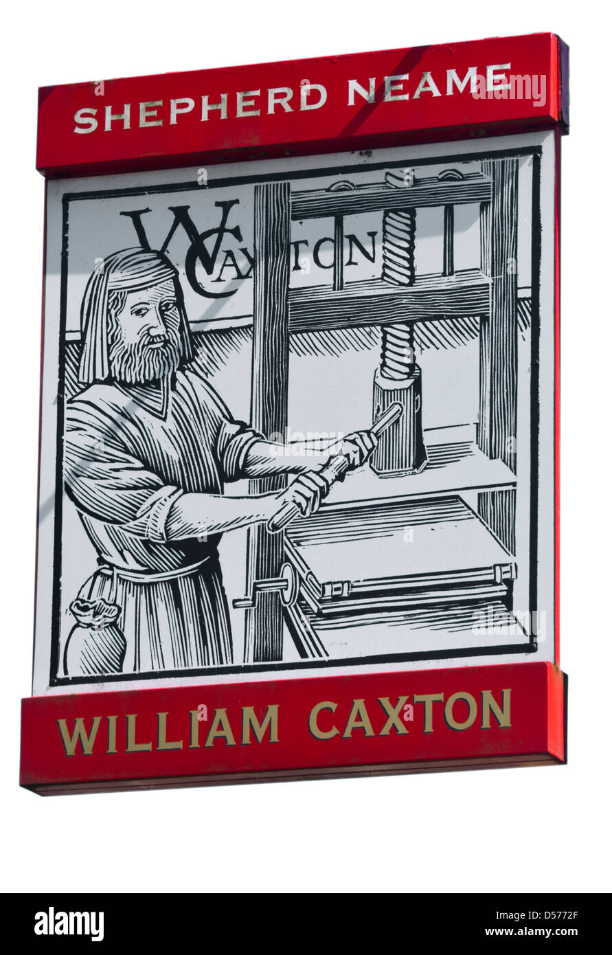 The William Caxton Shepherd Neame Pub Sign UK Pubs Signs Stock Photo
