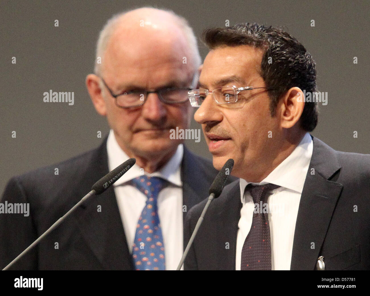 Ferdinand Piech, chairman of the supervisory board of Volkswagen AG (L), stands next to the new member of the supervisory board, Hussain Ali Al-Abdulla from Qatar, at the company's general meeting in Hamburg, Germany, 22 April 2010. The emirate Qatar is a new major shareholder of Volkswagen. Europe's largest automaker Volkswagen increased its profits in the first quarter of 2010. T Stock Photo