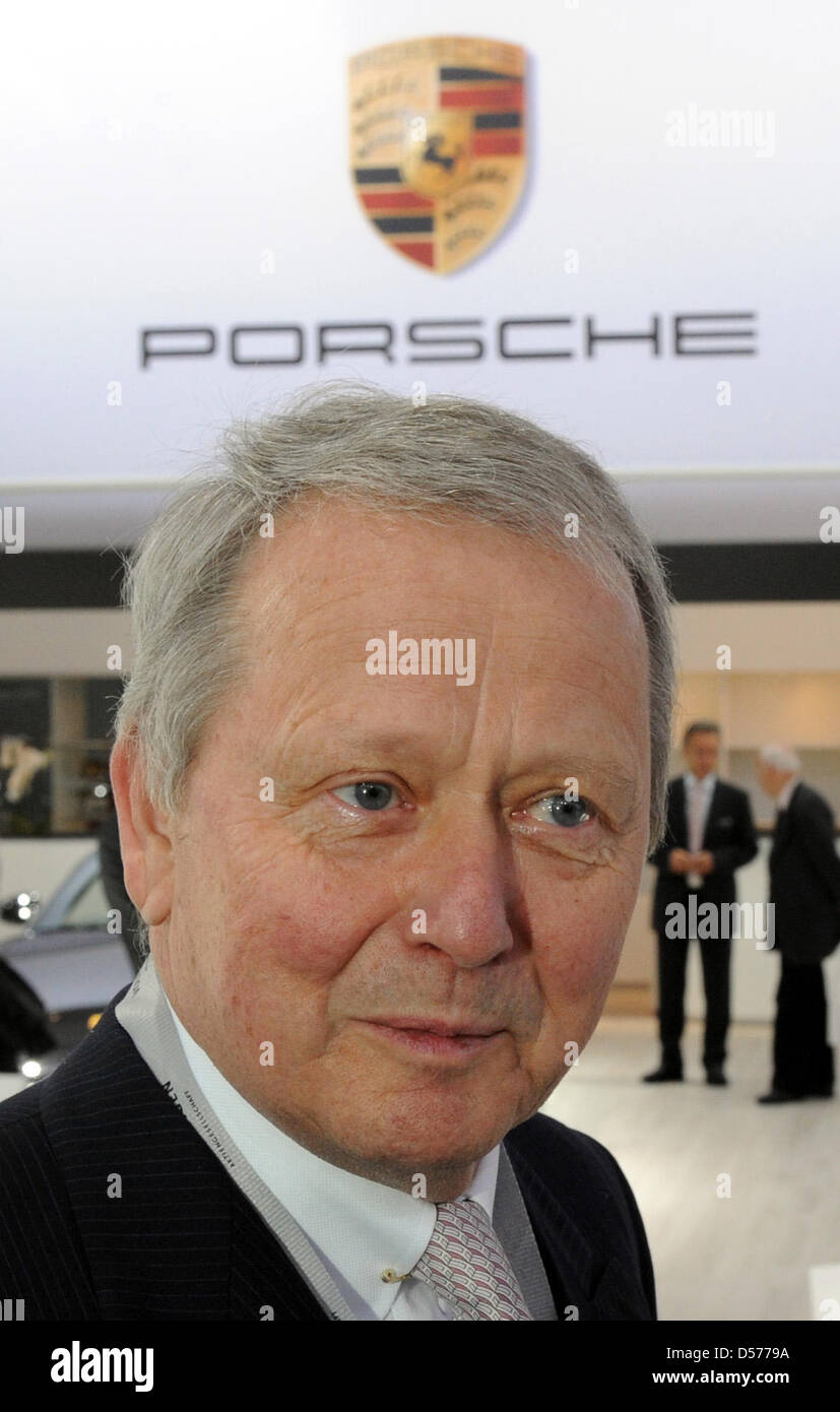 Wolfgang Porsche, chairman of the Porsche supervisory board, pictured at the Porsche stand in the showroom prior to the general meeting of Volkswagen AG in Hamburg, Germany, 22 April 2010. Europe's largest automaker Volkswagen increased its profits in the first quarter of 2010. The earnings after taxes increased by nearly 95 per cent to 473 million euros, the turnover increased by  Stock Photo