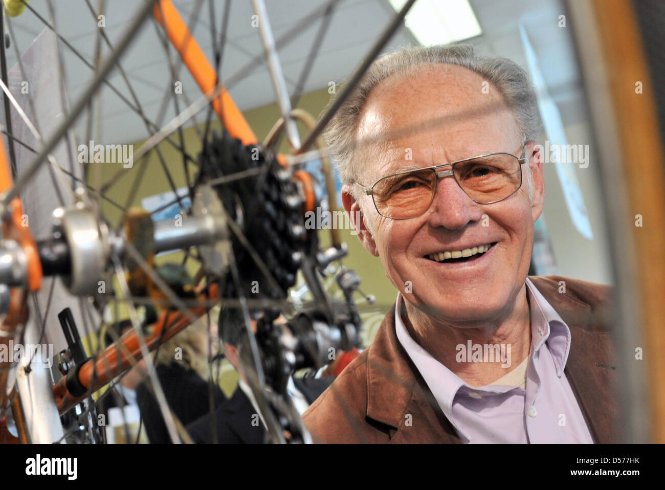 Former East German cyclist Gustav-Adolf 'Taeve' Schur visits the production facilities of bicycle manufacturer 'Diamant  bicycles' in Hartmannsdorf, Germany, 23 April 2010. Schur visited 'Diamant' within the scope of the celebration for the 125th anniversary of 'Diamant bicycles'. Schur was a popular athlete from the German Democratic Republic (GDR); he is a two-fold winner of the  Stock Photo