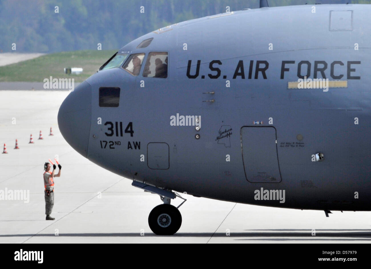 A US military transport plane type C-130 pictured at Spangdahlem airbase near Trier, Germany, 27 April 2010. Spangdahlem is one of the most important US airbases in Germany. Photo: BORIS ROESSLER Stock Photo