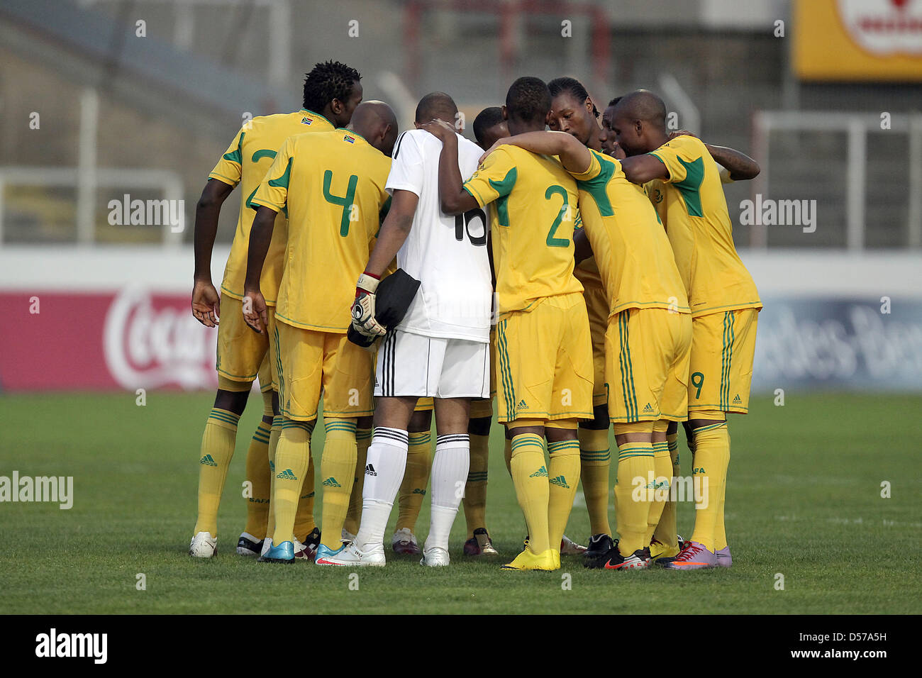 South Africa's players go into a huddle prior to the international