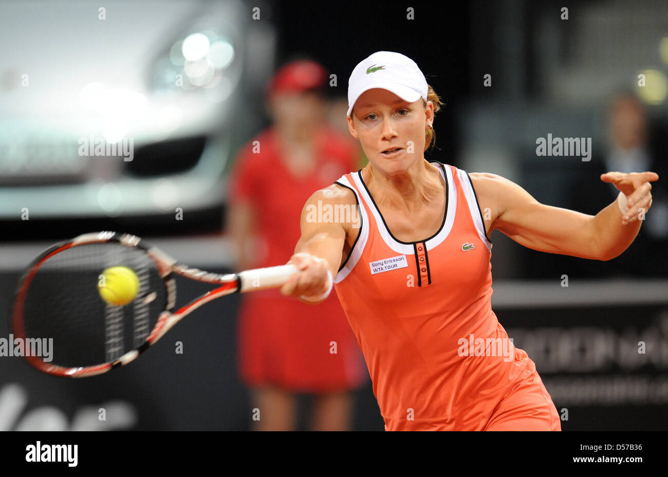 Australia's Samantha Stosur plays against Belgium's Justine Henin  during the Final Porsche Tennis Grand Prix at Porsche Arena in Stuttgart, Germany, 02 May 2010. Photo: BERND WEISSBROD Stock Photo