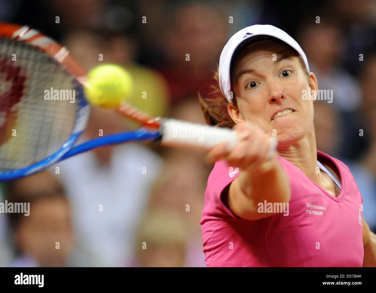 Belgium's Justine Henin plays against Australia's Samantha Stosur during the Final Porsche Tennis Grand Prix at Porsche Arena in Stuttgart, Germany, 02 May 2010. Henin won with 6-4, 2-6 and 6-1. Photo: BERND WEISSBROD Stock Photo