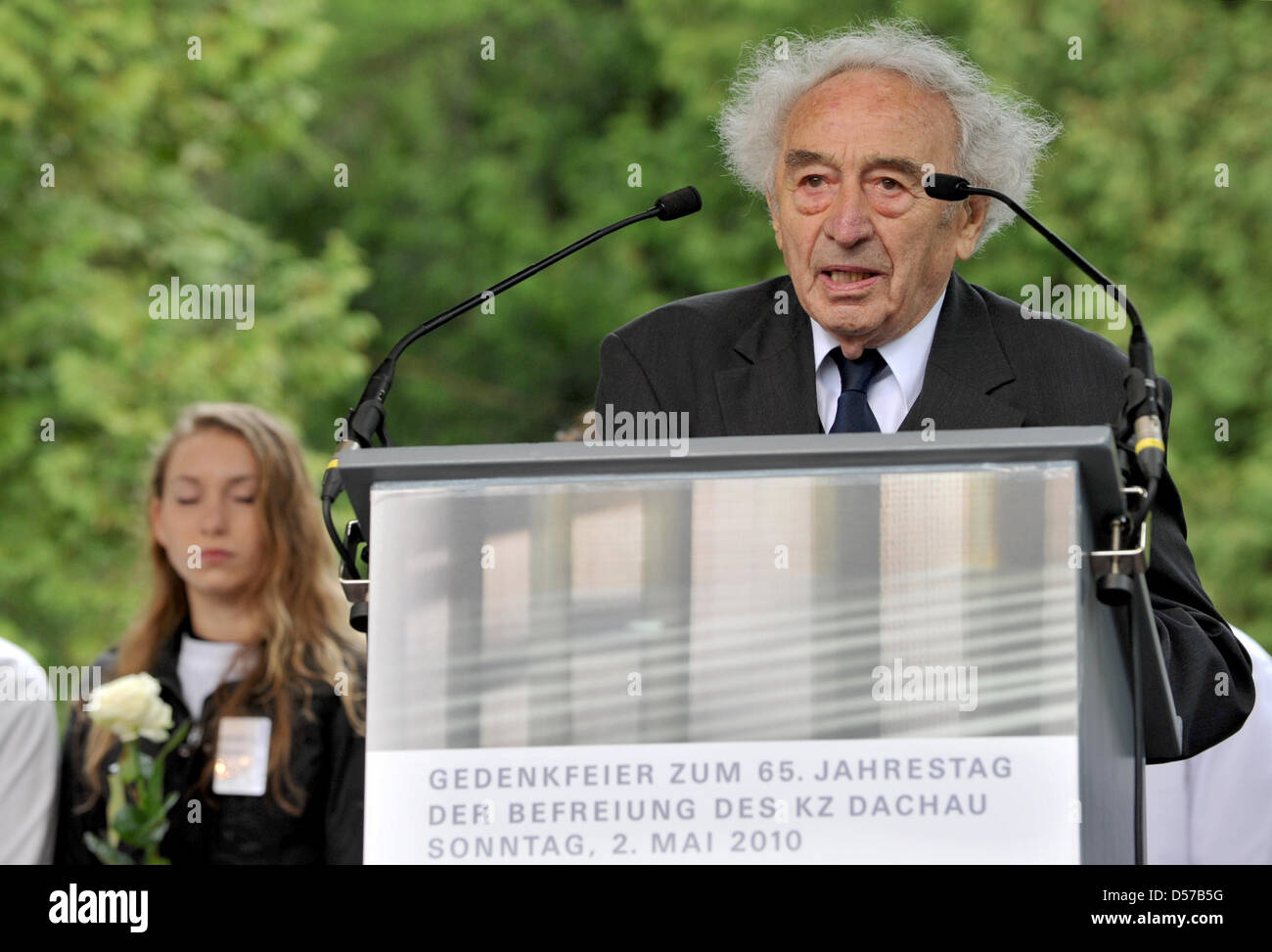 Vice president of Comite International de Dachau (CID) and concentration camp survivor, Max Mannheimer talks during the memorial ceremony, on the occaision of the 65th anniversary of the release of concentration camp in Dachau, Germany, 02 May 2010. Survivors of the concentration camp remember the release 65 years ago. Dachau was the first big concentration camp of the Nazis. Photo Stock Photo
