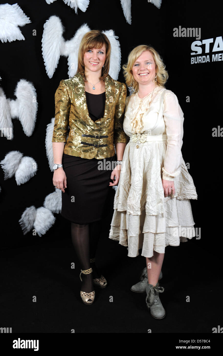 Princess Maertha Louise of Norway (L) and Elisabeth Samnoy (R) pose during the 'Starvisit' talk show in Offenburg, Germany, 03 May 2010. The talk show is organised by Burda publishing house. Maertha Louise of Norway (L) and Elisabeth Samnoy presented their book 'Schutzengel begleiten Dich' ('Guardian Angels accompany you'). Photo: PATRICK SEEGER Stock Photo