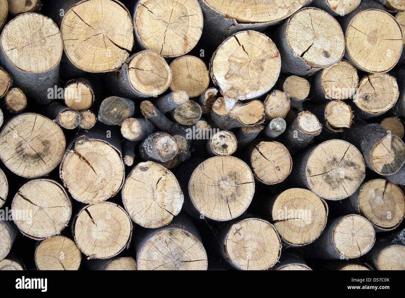 Pile of firewood – stacked wood logs of different sizes. Stock Photo