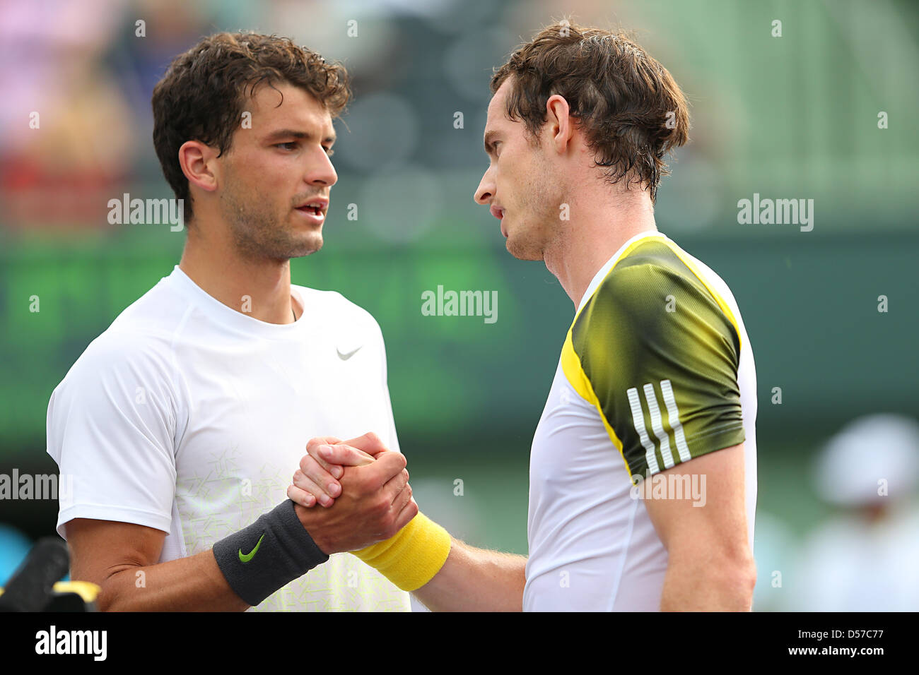 Miami, Florida, USA. 25th March 2013.  Andy Murray of Great Britain and Grigor Dimitrov of Bulgaria shake hands after the match during the Sony Open 2013. Credit: Mauricio Paiz / Alamy Live News Stock Photo