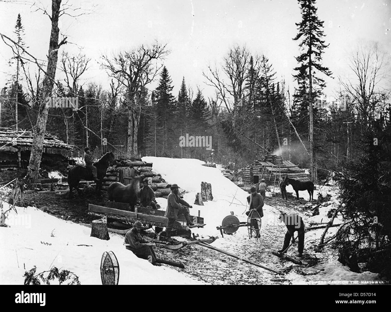 Lumbermen's camp on the Nashwaak River, NB, 1871 Stock Photo