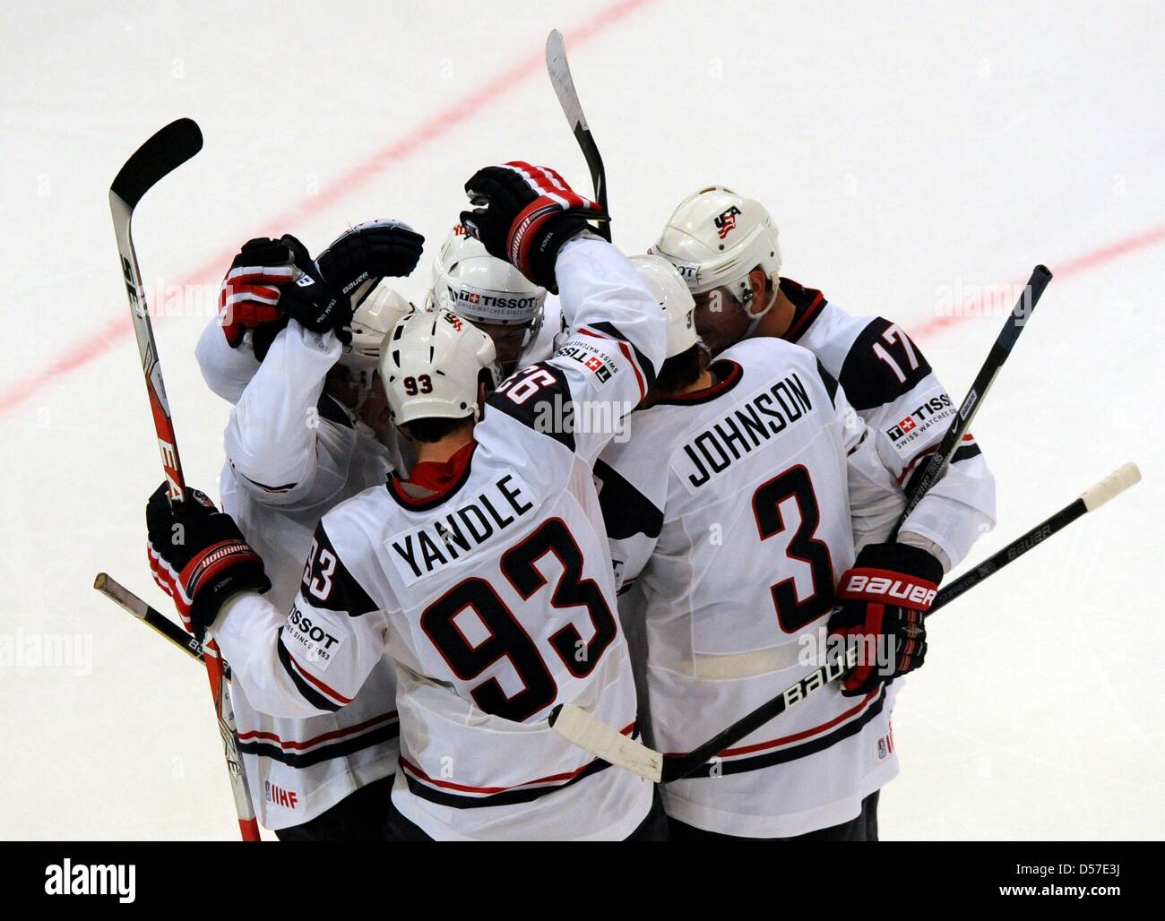 USA players celebrate their 11 equaliser during the Ice Hockey World