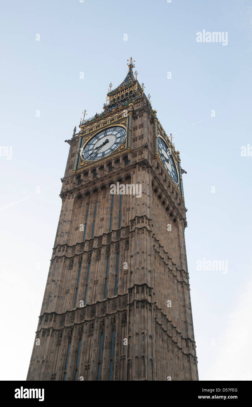 The Elizabeth Tower at Palace of Westminster, containing Big Ben bell. AKA The Clock Tower and St Stephen's Tower (incorrectly) Stock Photo