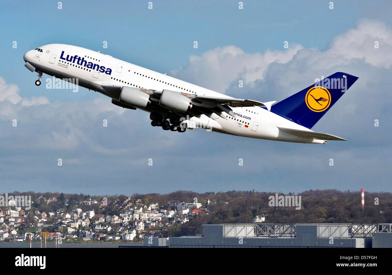 (FILE) A file picture dated 21 April 2010 of the first completely coated and fully equipped Airbus A380 of Lufthansa taking off at the airport in Hamburg, Germany. On 19 May, Lufthansa will put their first A380 in service. The plane is 72 metres long, can carry 526 passengers and bears the name 'Frankfurt am Main'. Selected guests will fly from Hamburg to Frankfurt/Main, where the  Stock Photo