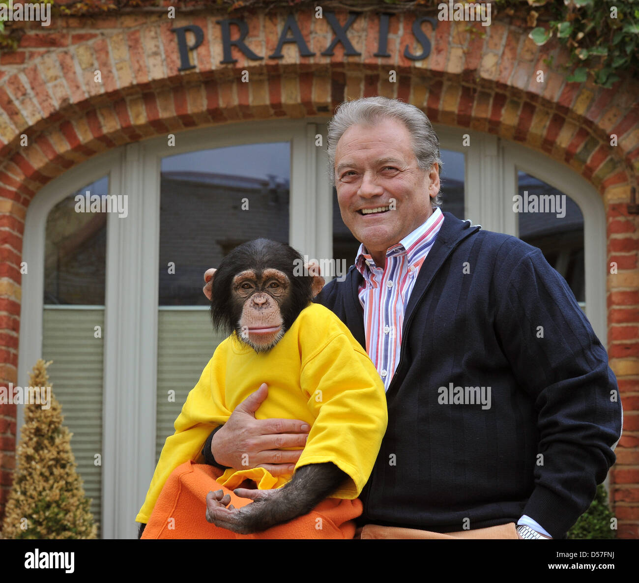 Ape Charly and cast member Hans-Juergen Baeumler pose at the set in Stahnsdorf, Germany, 13 May 2010. German public braodcaster ZDF will shoot the 16th season of the popular series Unser Charly (Our Charly) until autumn 2010. Broadcasting is scheduled for 2011. Photo: Bernd Settnik Stock Photo