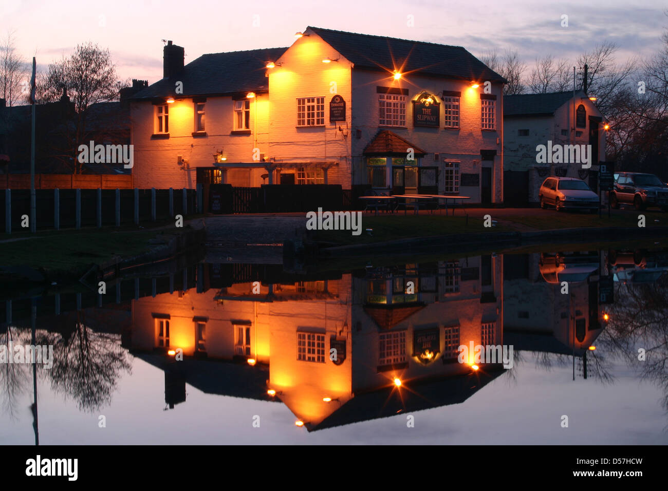 The Slipway pub, near Burscough, reflected in the Leeds and Liverpool