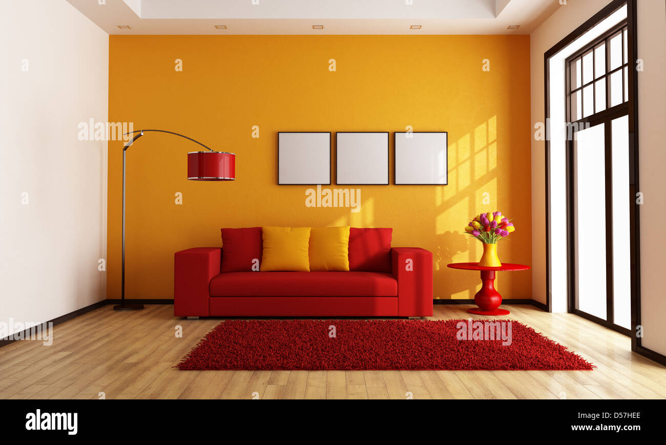 Modern red and orange living room rendering Stock Photo Alamy