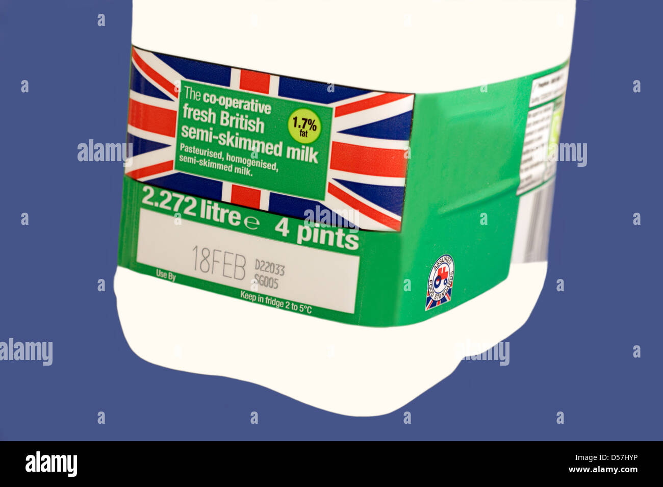 Semi skimmed milk sourced from farms of high standards with signs / logos of British farm standard logo Stock Photo