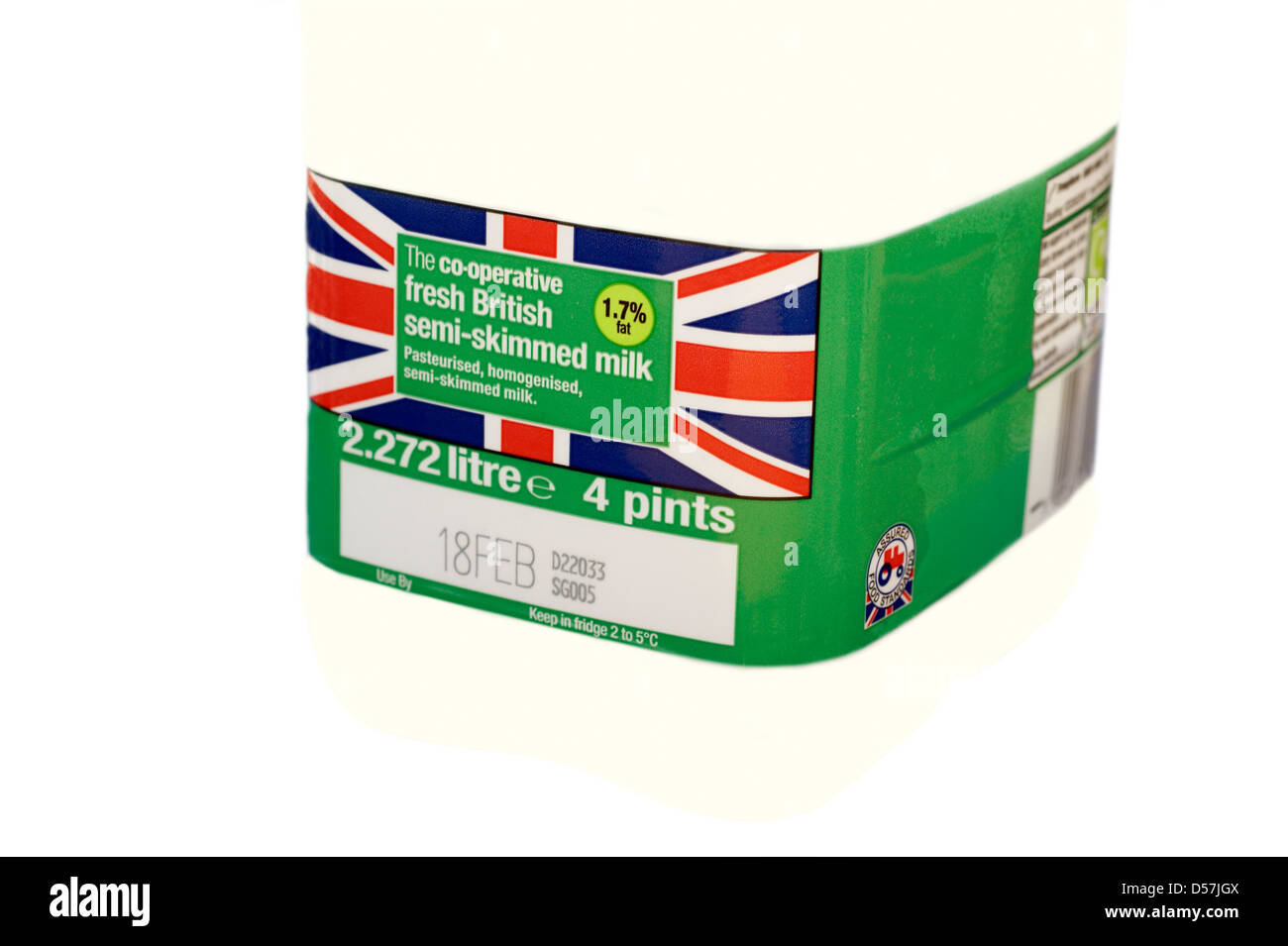 Semi skimmed milk sourced from farms of high standards with signs / logos of British farm standard logo Stock Photo