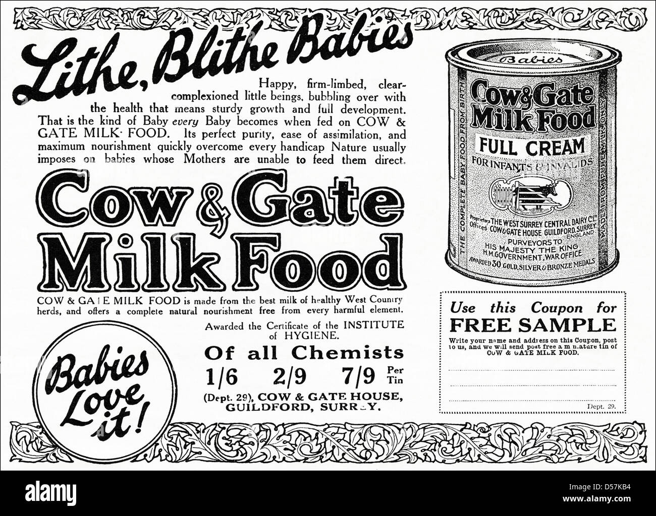 Advert advertising Cow & Gate Milk Food for Infants and Invalids. Original 1920s vintage advertisement print in English magazine Stock Photo