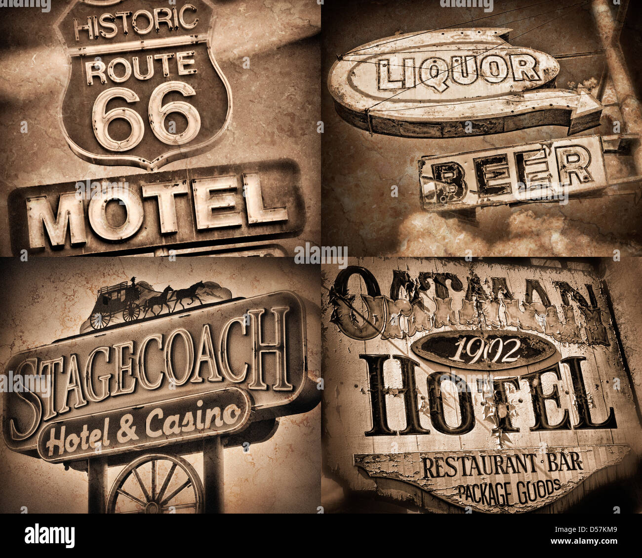 Four Signs composite “Route 66 Motel, Liquor-Beer,  Oatman Motel, Stagecoach Motel” Stock Photo