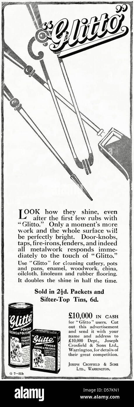 Advert advertising Glitto cleaning and polishing powder. Original 1920s ...