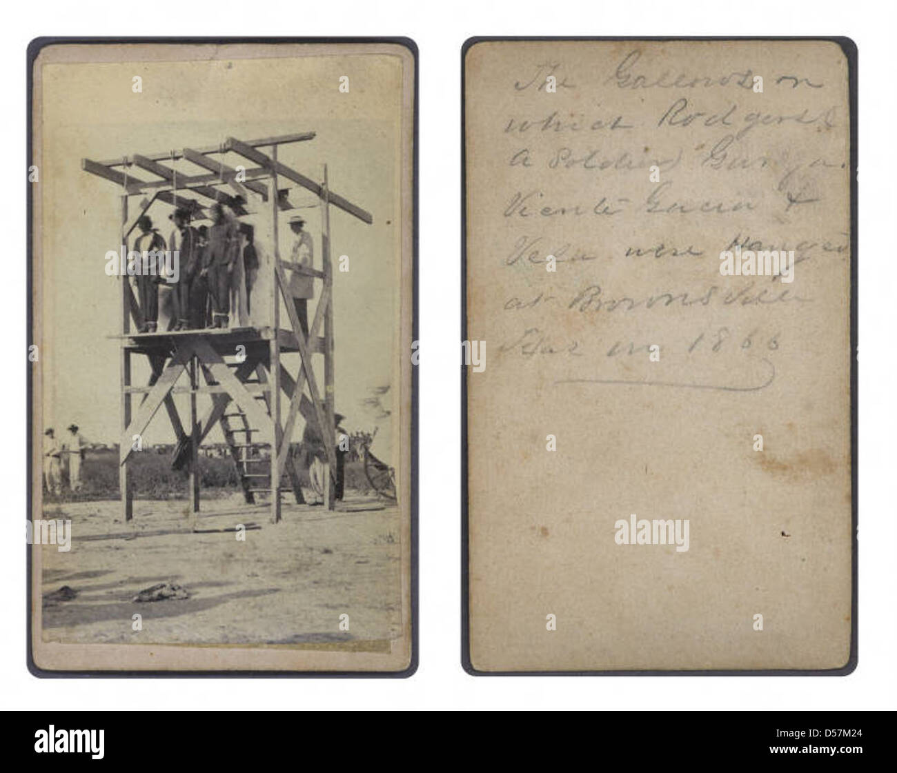 The gallows on which Rodgers (a soldier), Garza, Vicente Garcia, & Vela were hanged at Brownsville, Texas in 1866 Stock Photo