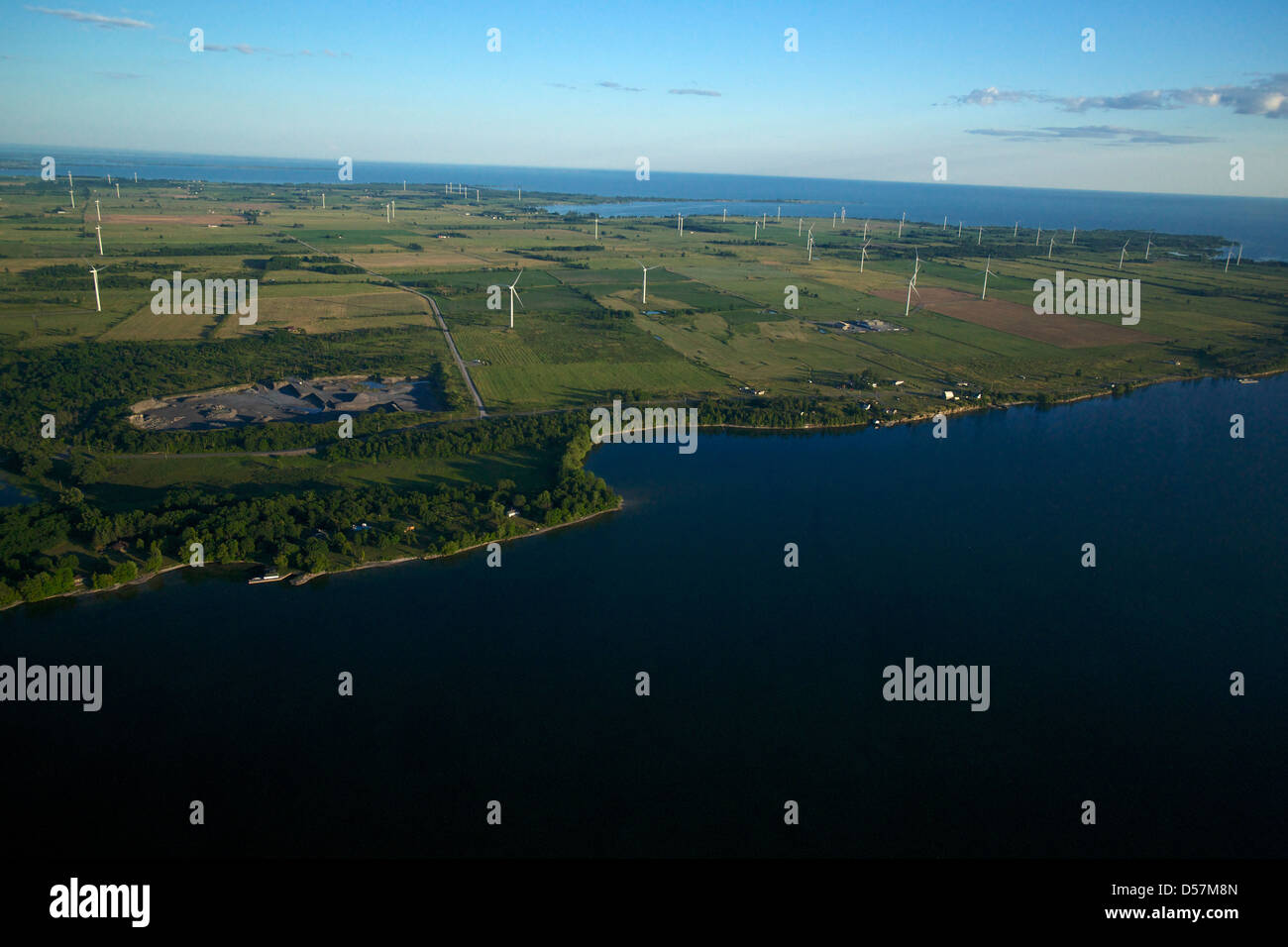 Aerial view of the Wolfe Island Wind Project and farms on Wolfe Island in Lake Ontario near