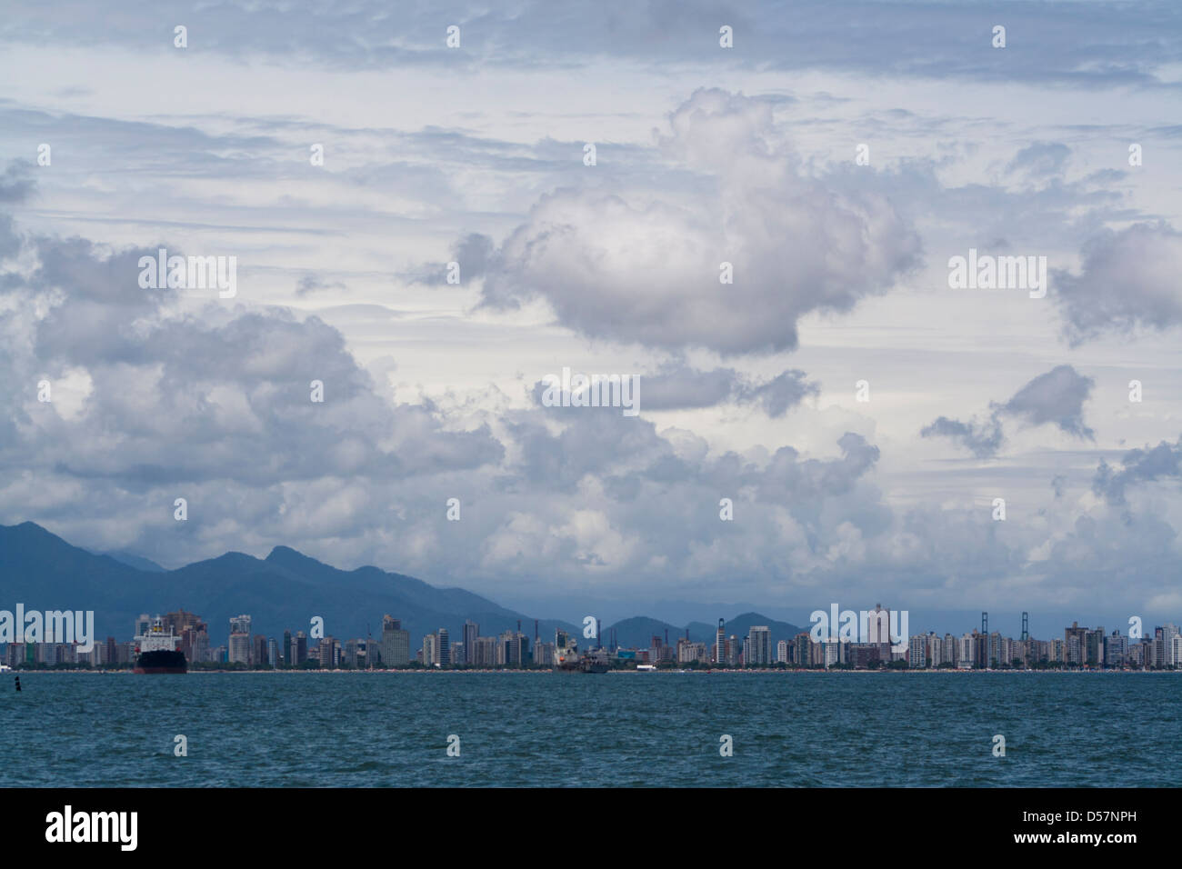 Santos city, Sao Paulo, Brazil. Shore line view form the ocean Stock Photo
