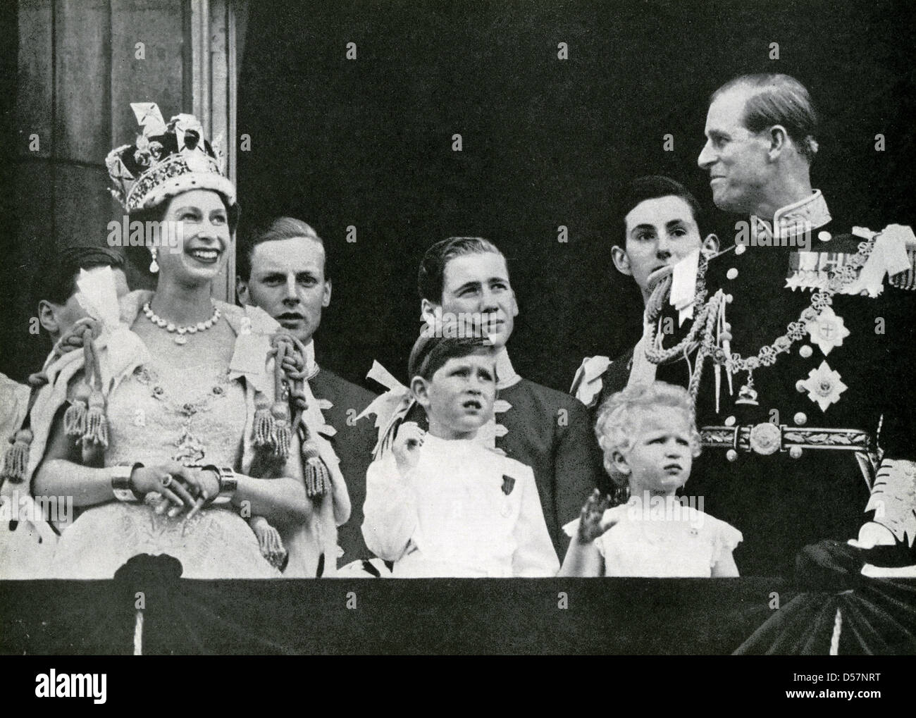 QUEEN ELIZABETH II CORONATION 2 June 1953. From l: Queen Elizabeth, prince Charles, Princess Anne, Duke of Edinburgh Stock Photo