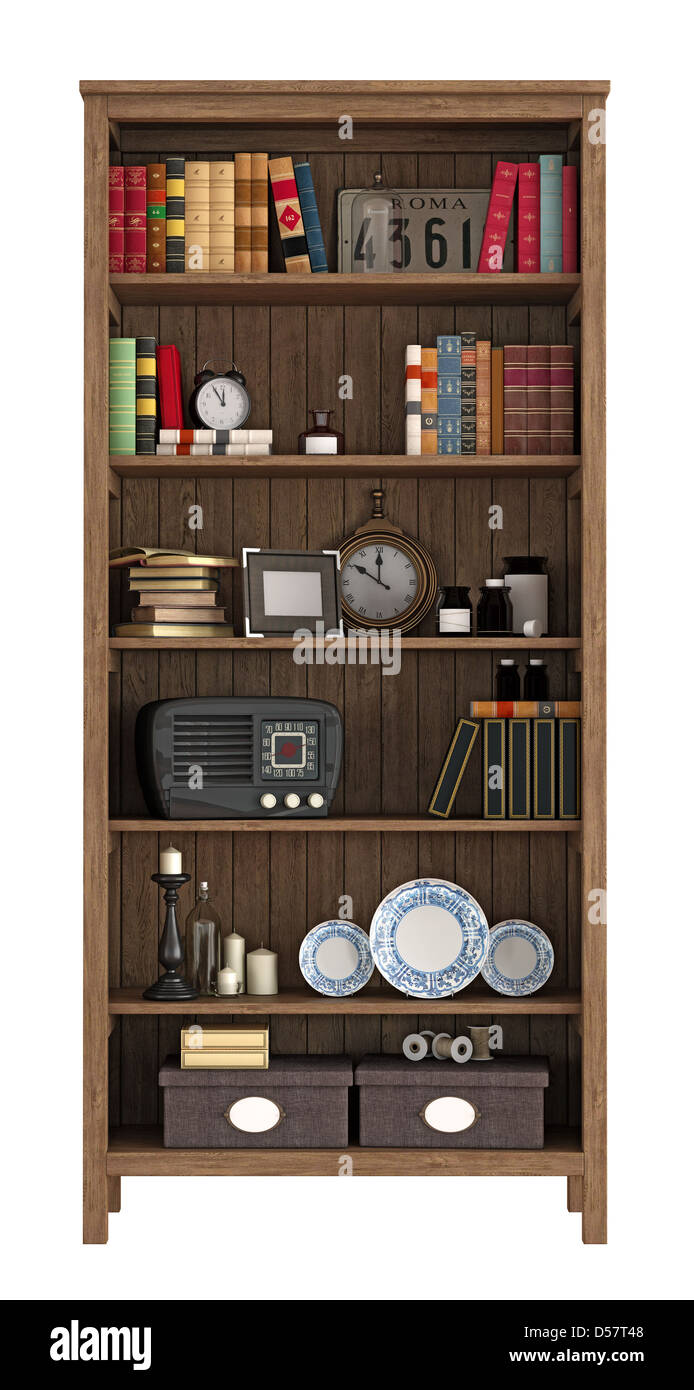 Vintage bookcase with books and objects isolated on white - rendering Stock Photo