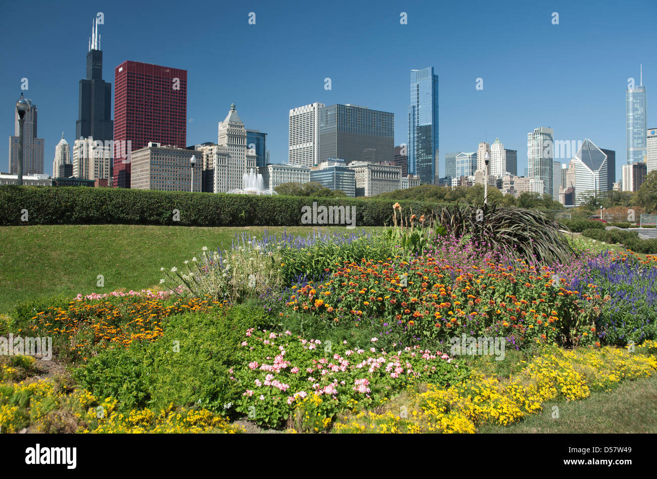 FLOWER BEDS DOWNTOWN SKYLINE GRANT PARK CHICAGO ILLINOIS USA Stock ...