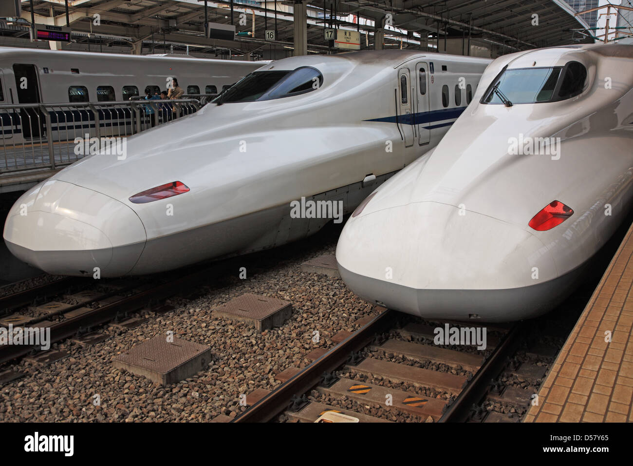 Japan, Tokyo, Shinkansen bullet train on tracks Stock Photo