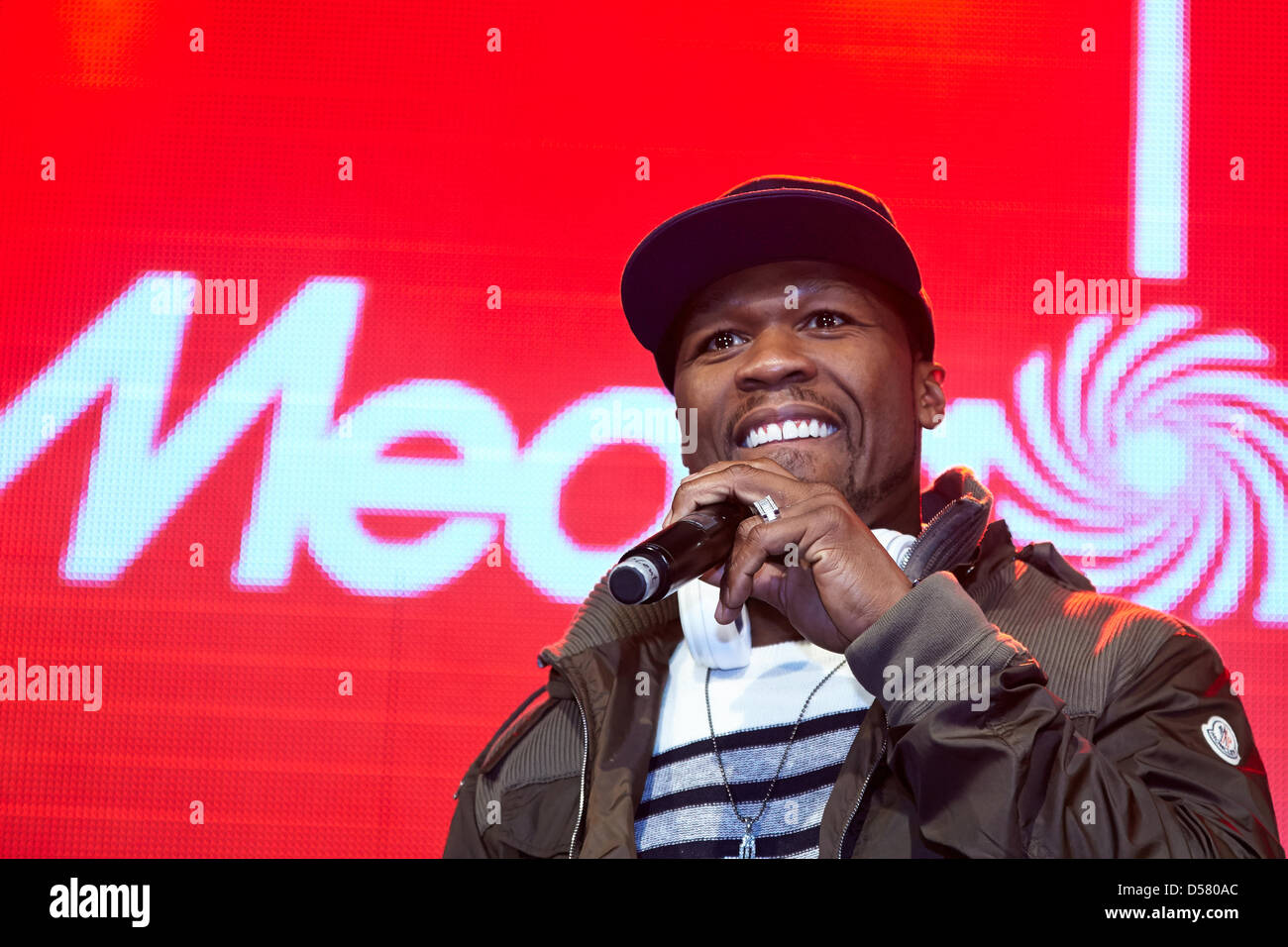 Berlin, Germany. 26th March, 2013. 50 Cent (Curtis James Jackson), U.S. rap star, introduces his new company SMS Audio Headphones with autograph session at Media Markt in the ALEXA in Berlin. Stock Photo