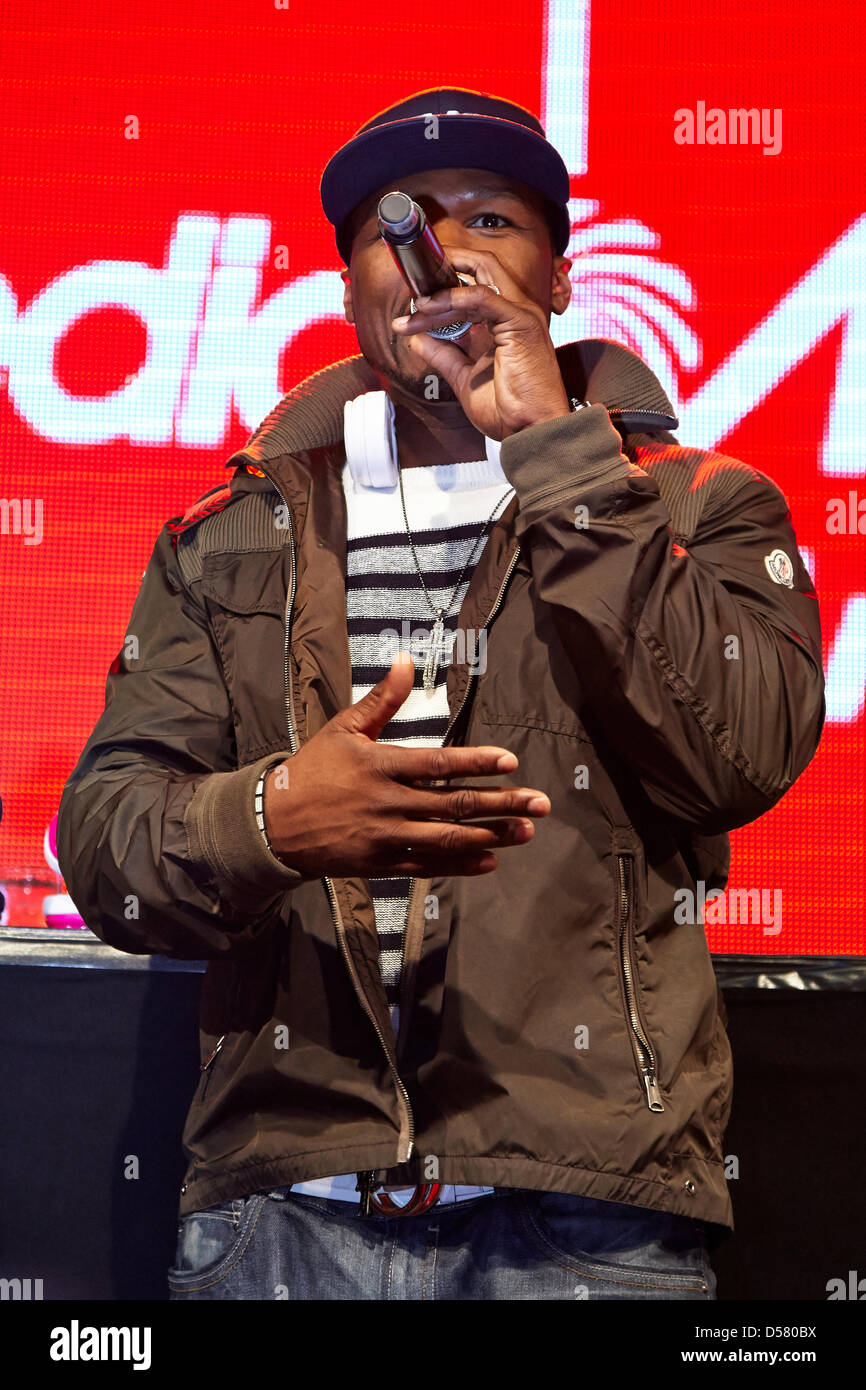 Berlin, Germany. 26th March, 2013. 50 Cent (Curtis James Jackson), U.S. rap star, introduces his new company SMS Audio Headphones with autograph session at Media Markt in the ALEXA in Berlin. Stock Photo