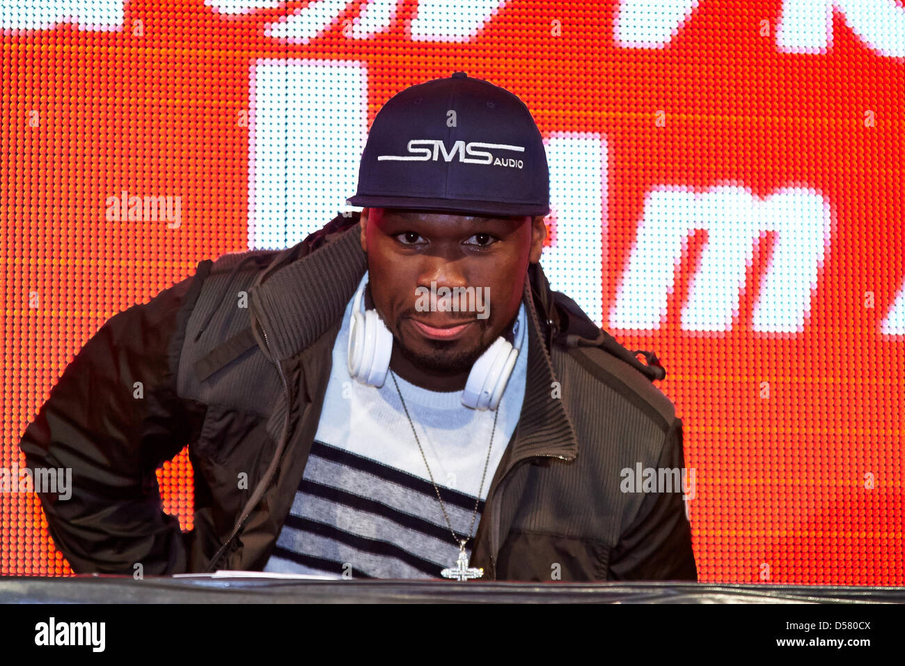 Berlin, Germany. 26th March, 2013. 50 Cent (Curtis James Jackson), U.S. rap star, introduces his new company SMS Audio Headphones with autograph session at Media Markt in the ALEXA in Berlin. Stock Photo