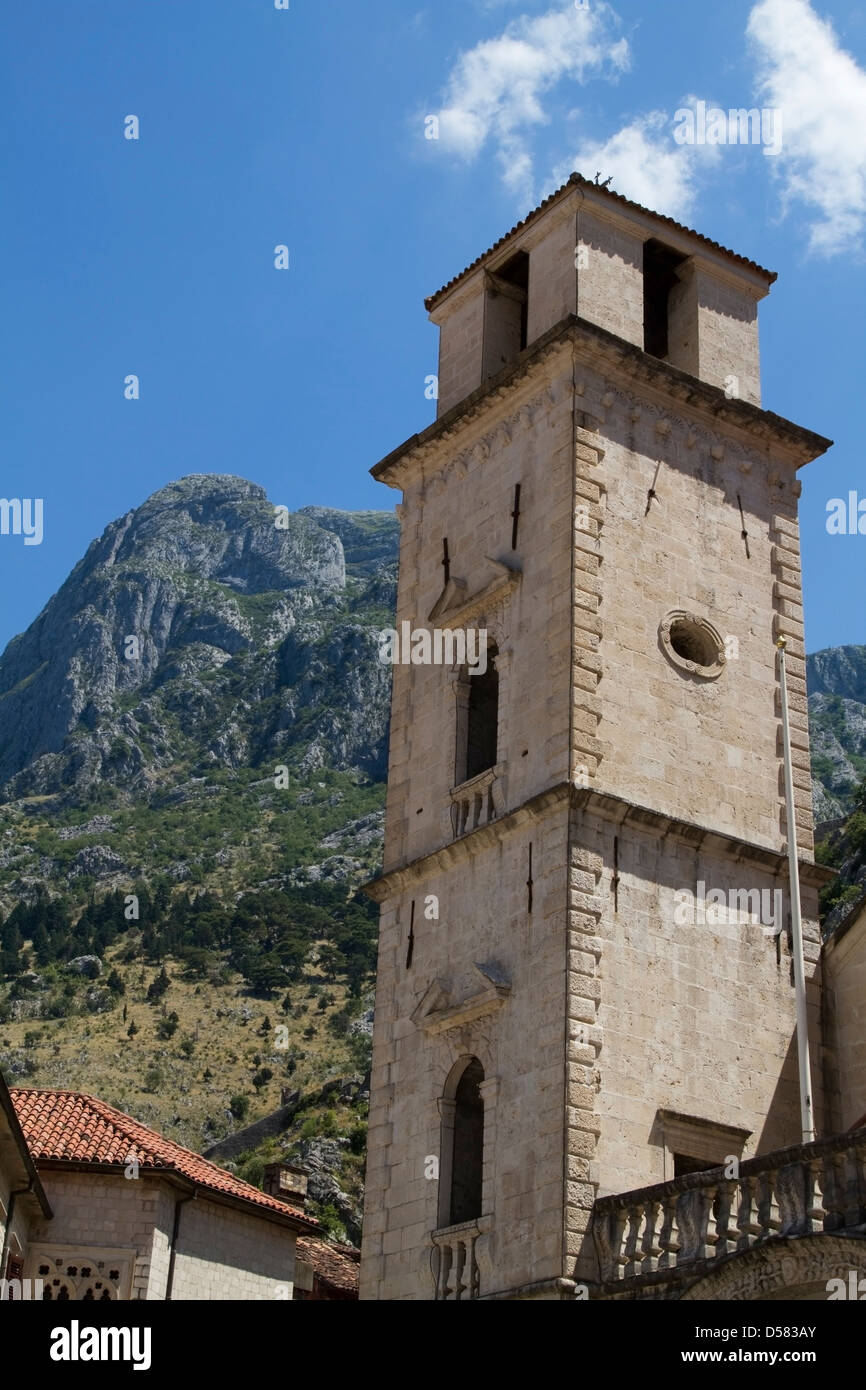 Tower of the Roman Catholic Cathedral of Saint Tryphon in Kotor, Montenegro Stock Photo