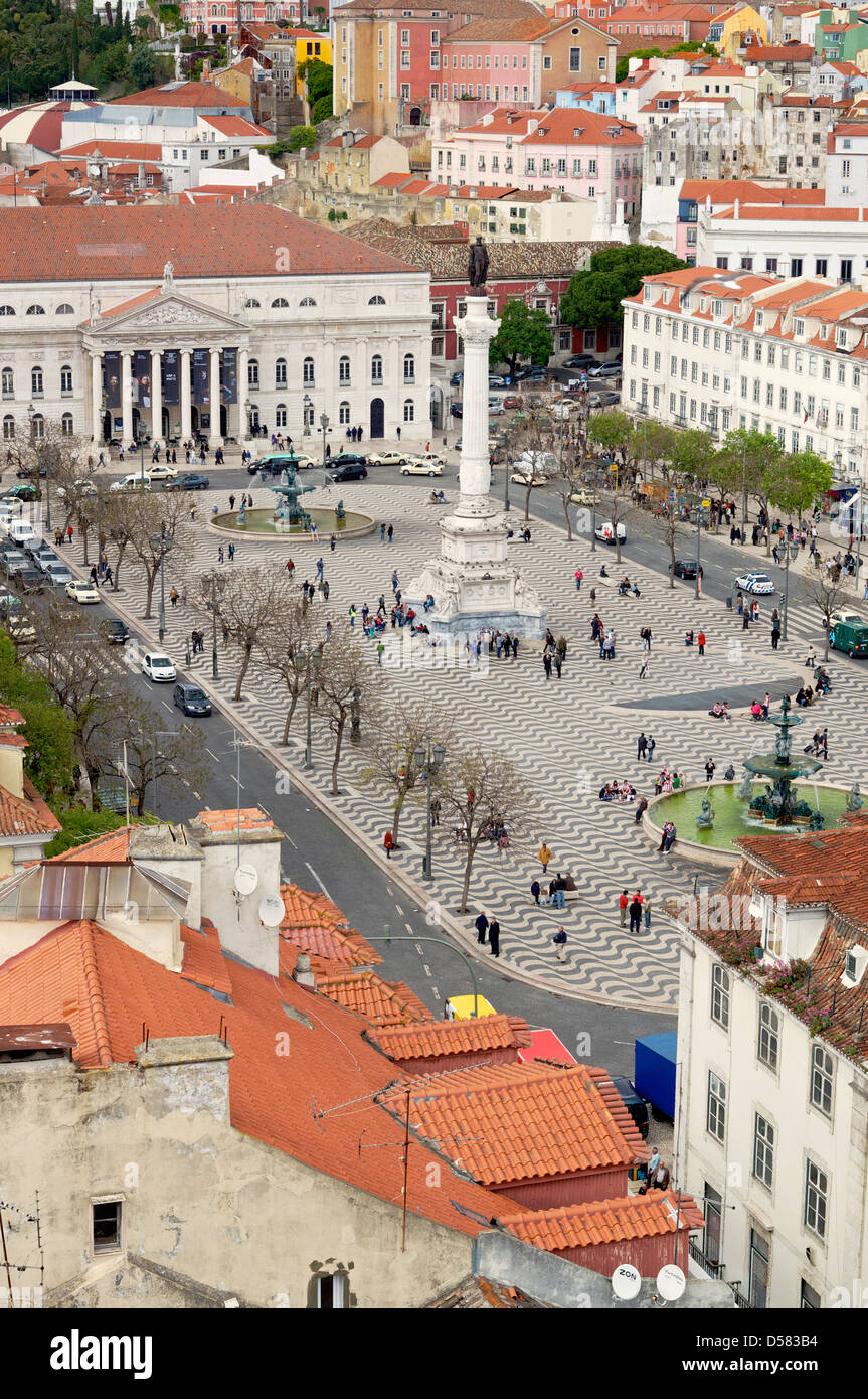 A view of Rossio Square and the surrounding neighborhood in the Pombaline area of Lisbon. Stock Photo