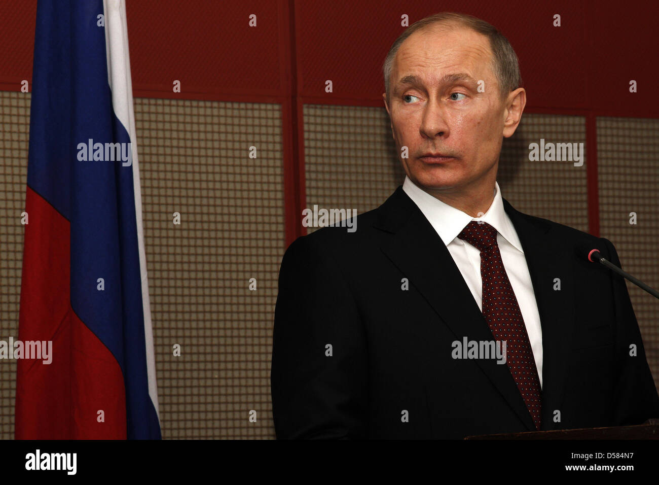 Durban, South Africa, USA. 26th March, 2013. Vladimir Putin listens as South Africa's President Jacob Zuma speaks. Moments earlier Putin signed a bilateral agreement with Zuma improving the countries ties. The signing took place ahead of the Fifth Brics Summit in Durban. Picture: Giordano Stolley/Alamy Live News Stock Photo