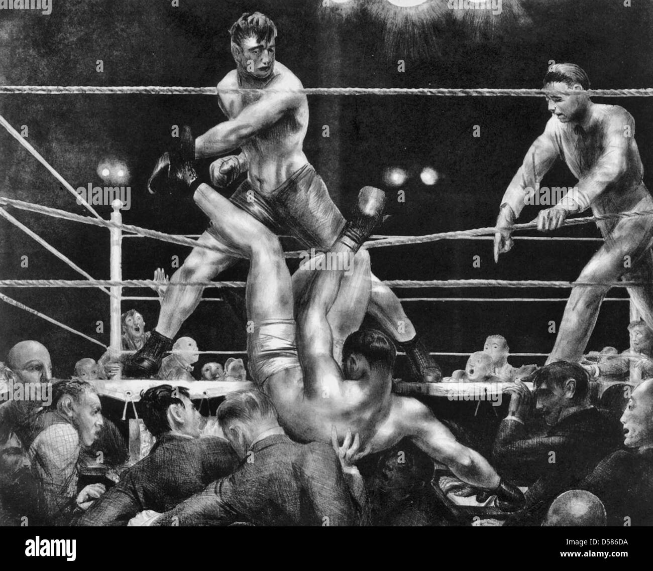 Dempsey and Firpo - Jack Dempsey knocked out of the ring by Luis Firpo in the first round of their fight at the Polo Grounds in New York on September 14, 1923. Stock Photo