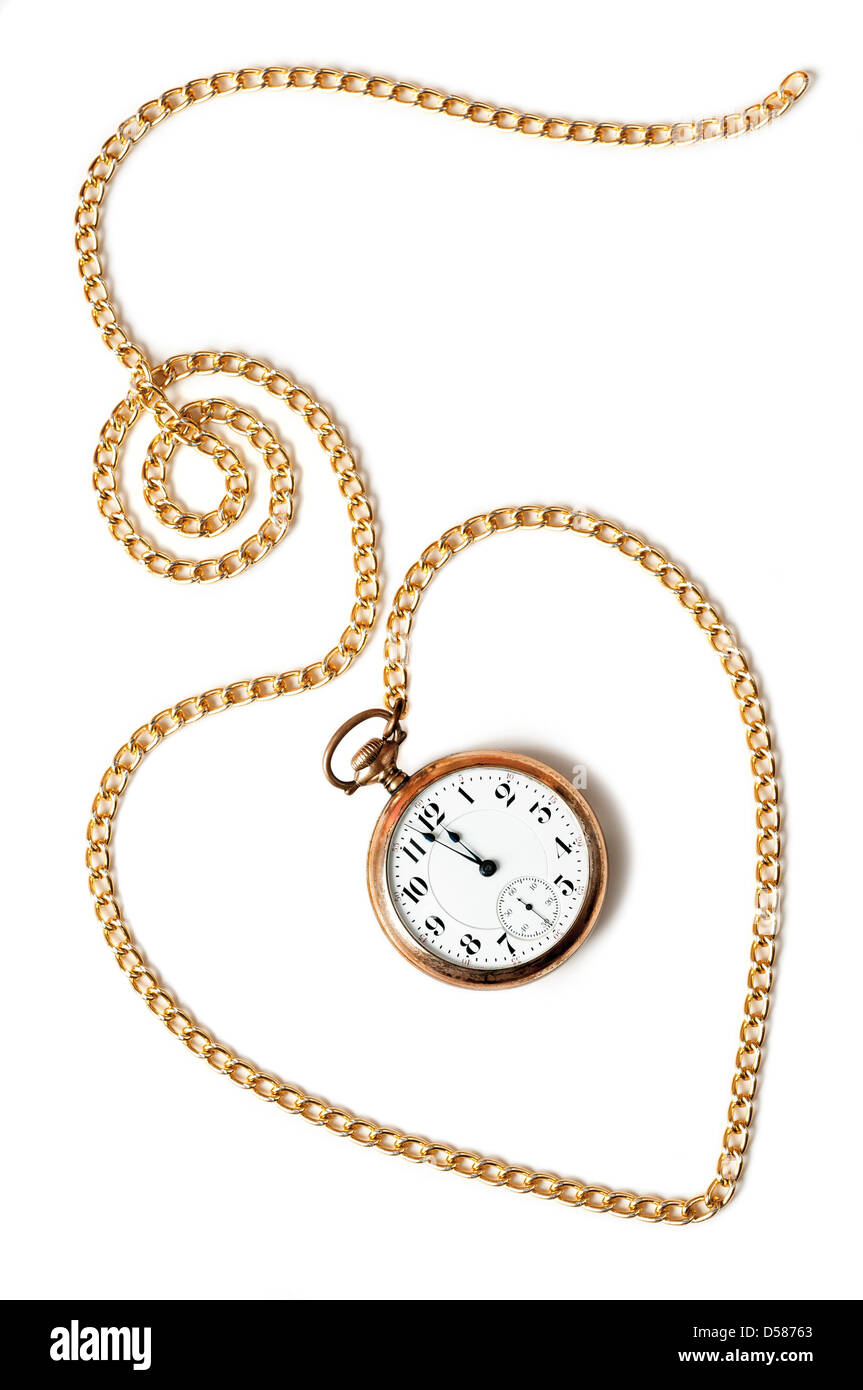 Heart chain with old pocket watch isolated Stock Photo