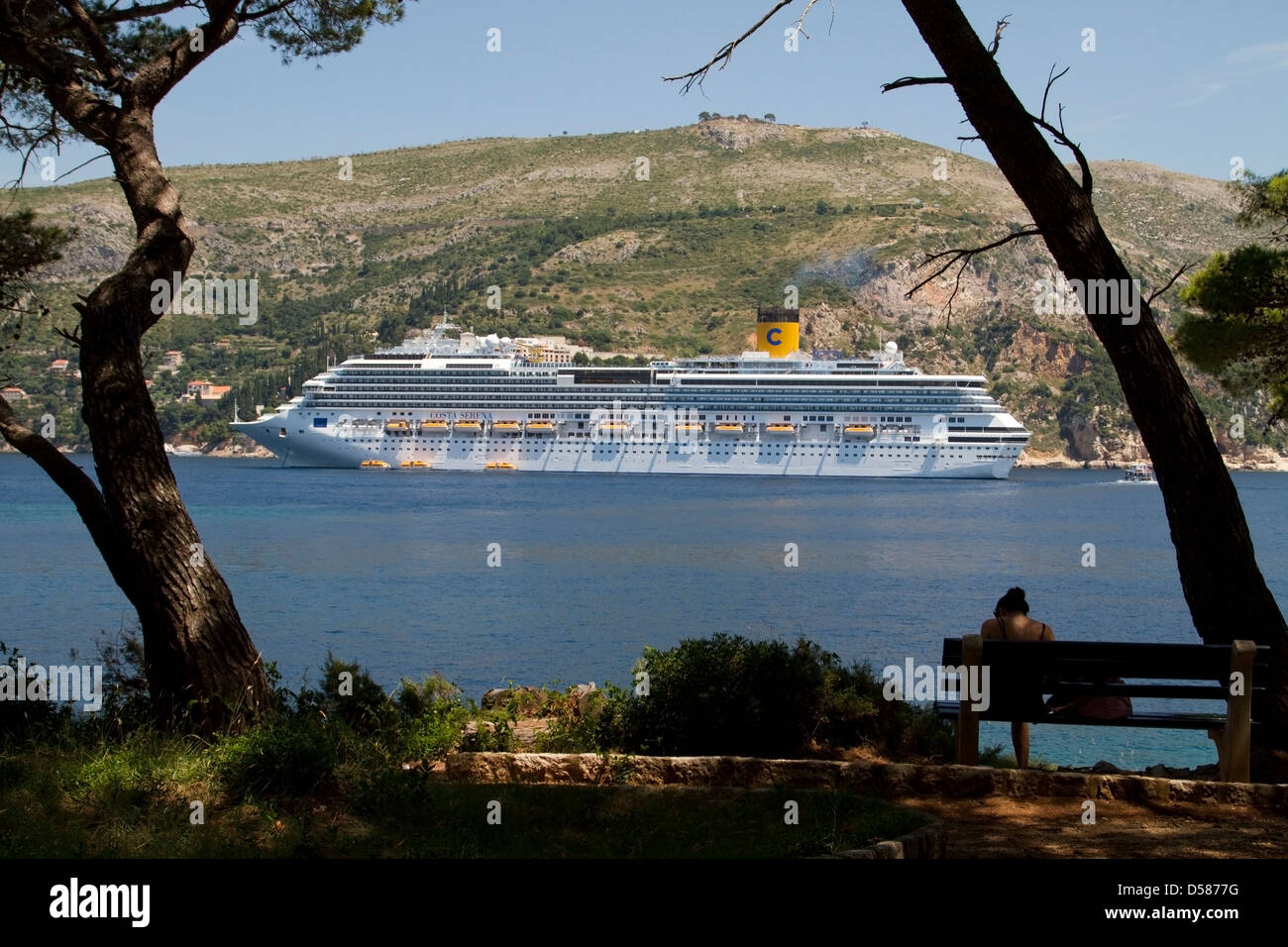Cruise liner seen from the island of Lokrum near Dubrovnik, Croatia Stock Photo