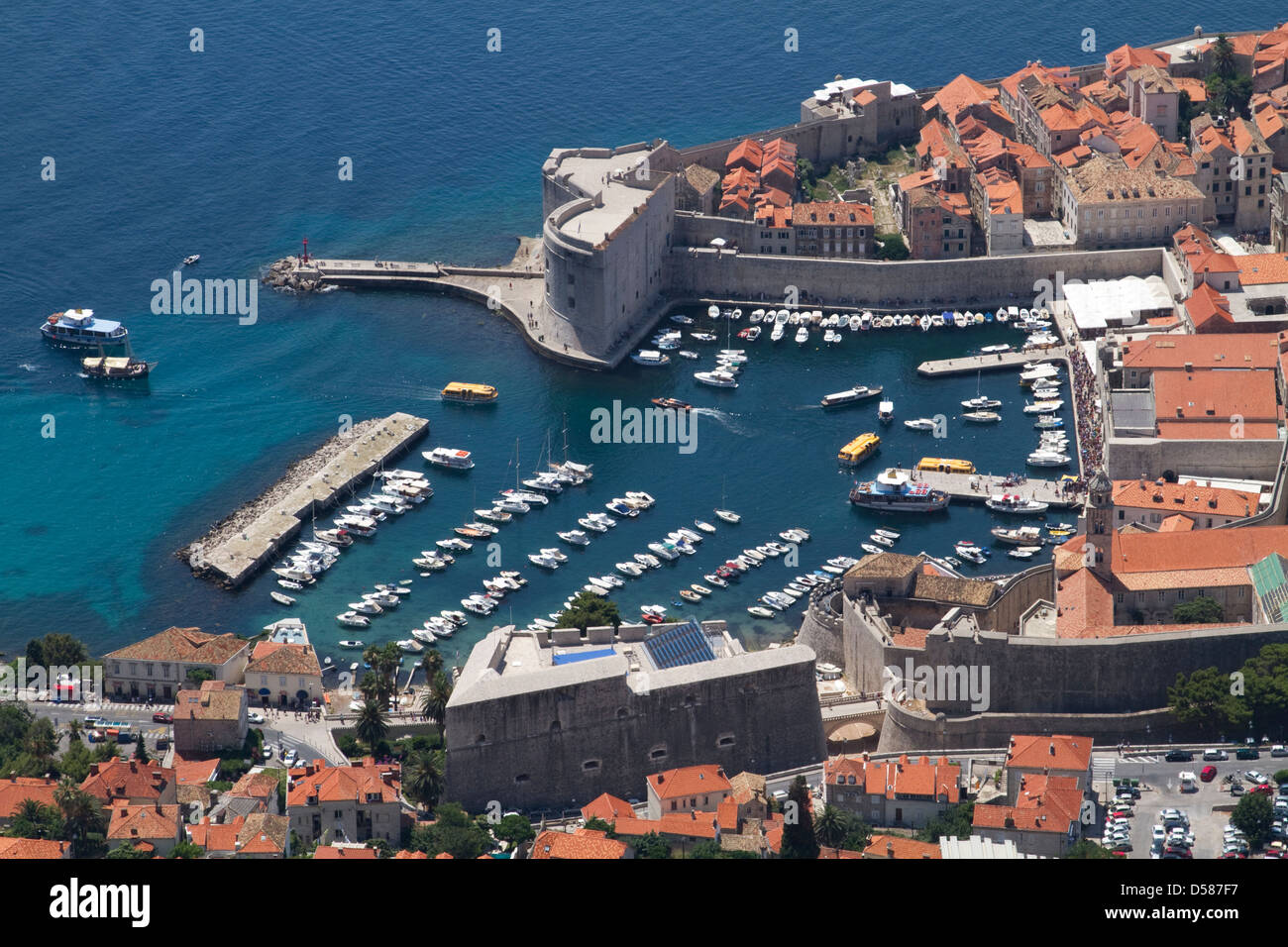Aerial view of the old harbour of Dubrovnik old town, Croatia Stock Photo