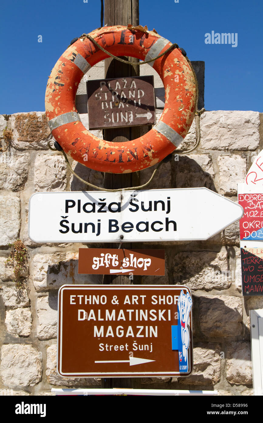 Signs for Sunj beach on the island of Lopud, Croatia Stock Photo